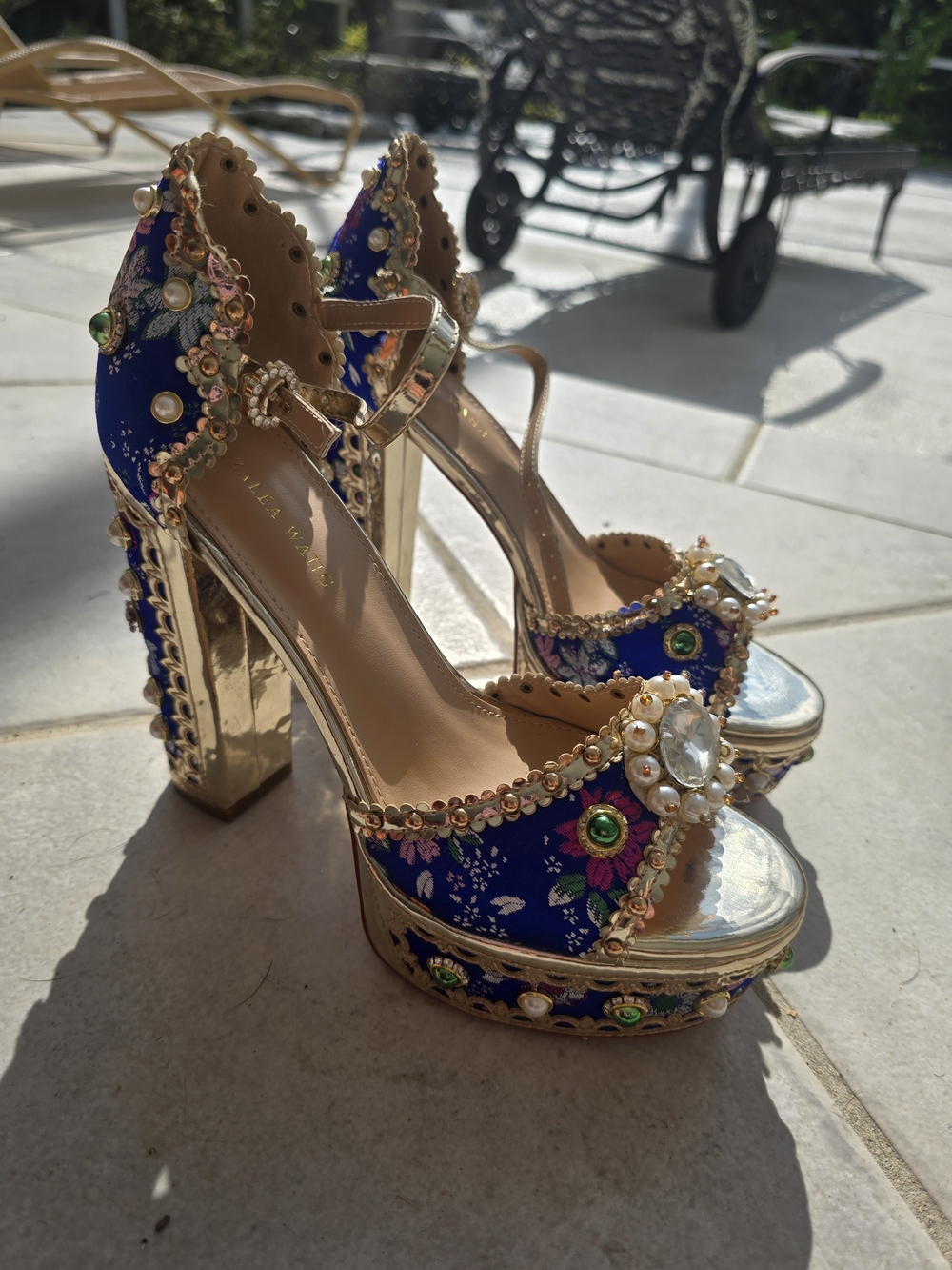 Embellished Blue Platform Heels with Gold Accents - Picture 6 of 7